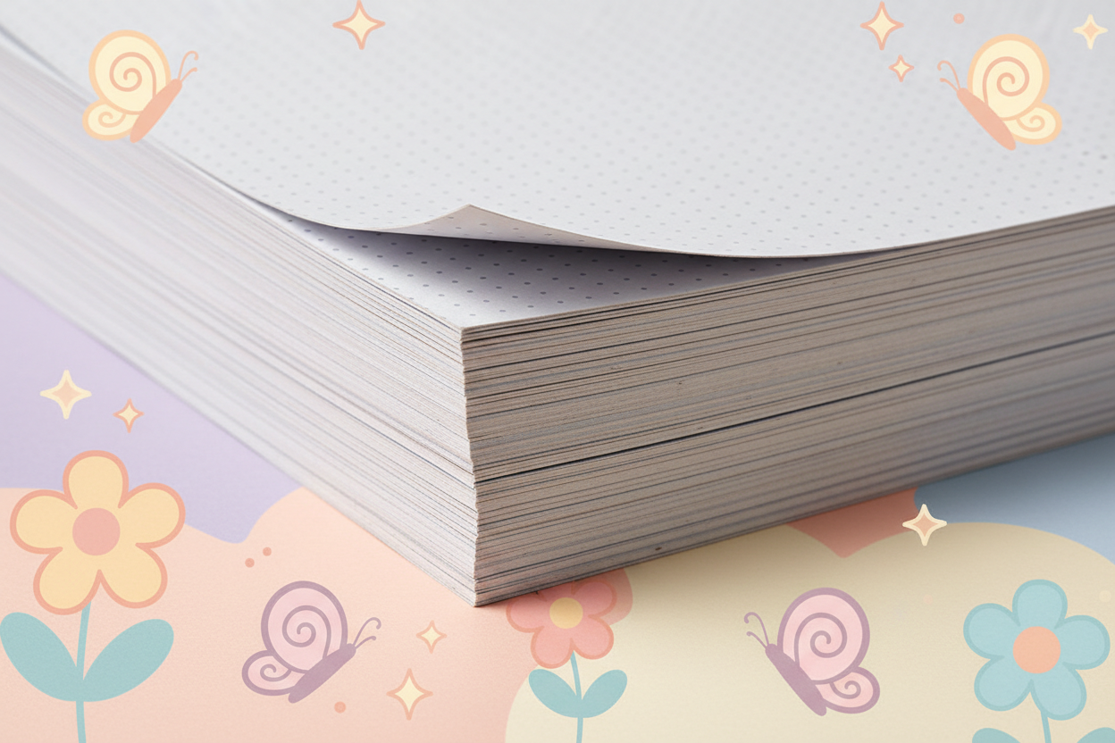 a stack of dotted gride paper against a cute background